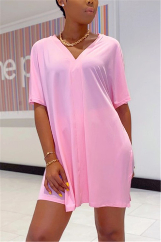 Pink Casual Loose Short Sleeve Top Shorts Set