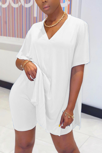 White Casual Loose Short Sleeve Top Shorts Set
