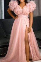 Nude Pink Sexy Elegant Solid Split Joint V Neck Evening Dress Plus Size Dresses