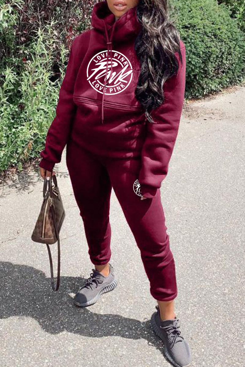 

Burgundy Fashion Casual Geometric Letter Hooded Collar Long Sleeve Two Pieces