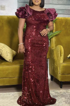 Purplish Red Elegant Solid Sequins Split Joint Fold O Neck Trumpet Mermaid Plus Size Dresses