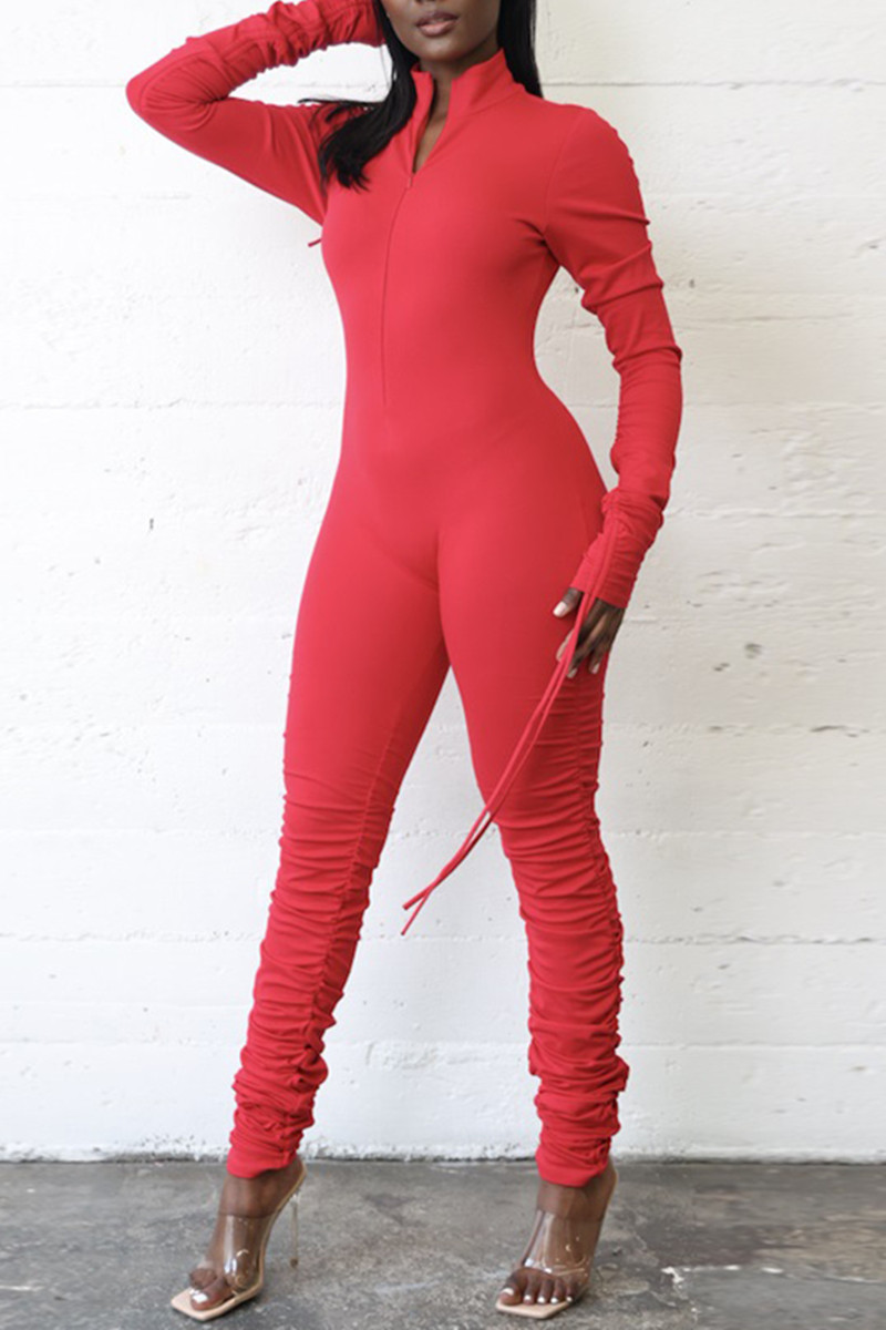 

Red Fashion Casual Print Fold Zipper Collar Skinny Jumpsuits