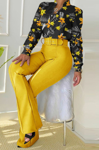 Black Casual Print Patchwork Buckle Mandarin Collar Long Sleeve Two Pieces