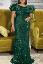 Green Elegant Solid Sequins Split Joint Fold O Neck Trumpet Mermaid Plus Size Dresses