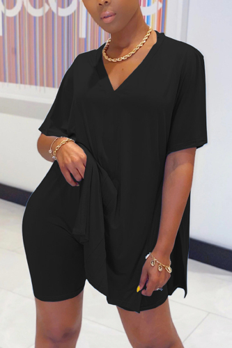 Black Casual Loose Short Sleeve Top Shorts Set