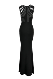 Black Fashion Sexy Patchwork Hot Drilling Hollowed Out O Neck Evening Dresses