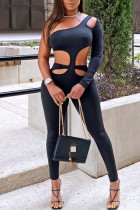 Black Fashion Sexy Solid Hollowed Out Oblique Collar Skinny Jumpsuits