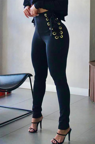 Black Fashion Casual Solid Bandage Skinny High Waist Pencil Trousers
