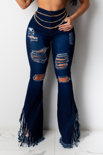 Dark Blue Sexy Solid Tassel Patchwork Mid Waist Boot Cut Denim Jeans