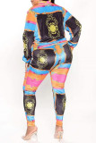 Multicolor Fashion Casual Print Cardigan Pants Long Sleeve Two Pieces