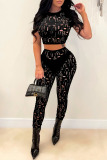 Black Sexy Solid Ripped Patchwork O Neck Short Sleeve Two Pieces