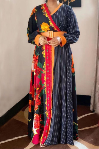 Black Print Patchwork V Neck Straight Plus Size Dresses