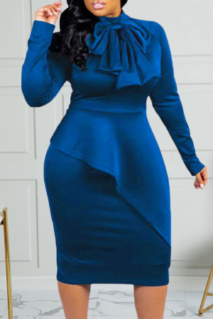 Deep Blue Fashion Casual Solid Patchwork With Bow Half A Turtleneck Long Sleeve Plus Size Dresses