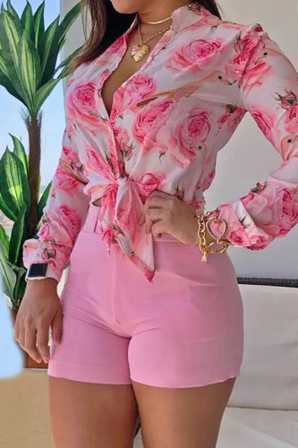 Pink Casual Print Patchwork Buckle Turndown Collar Long Sleeve Two Pieces