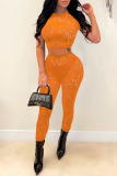 Orange Sexy Solid Ripped Patchwork O Neck Short Sleeve Two Pieces