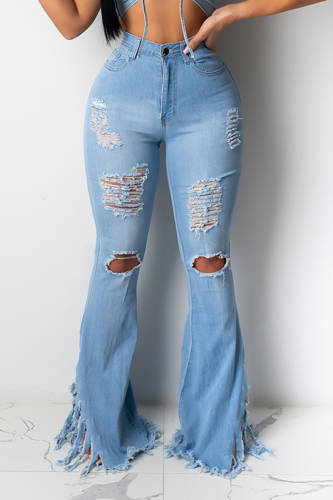 Light Blue Sexy Solid Tassel Patchwork Mid Waist Boot Cut Denim Jeans