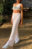 White Sexy Casual Print Vests Pants One Shoulder Sleeveless Two Pieces