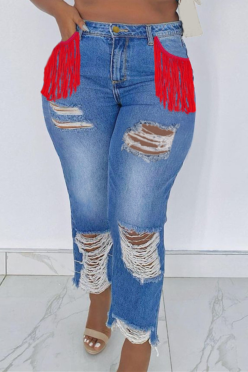 

Baby Blue Fashion Casual Patchwork Tassel Ripped High Waist Straight Denim Jeans