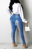 Deep Blue Sexy Street Solid Bandage Hollowed Out Patchwork High Waist Denim Jeans