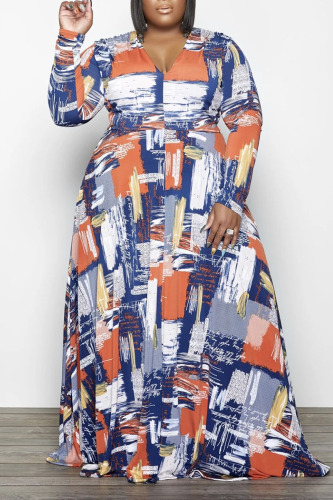 Orange Pink Casual Print Patchwork V Neck A Line Plus Size Dresses