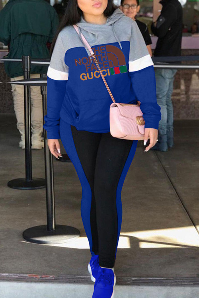 

Blue Fashion Sportswear Print Letter Hooded Collar Long Sleeve Two Pieces