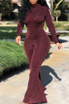 Burgundy Casual Solid Split Joint O Neck Boot Cut Jumpsuits