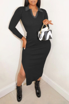 Black Sexy Patchwork Turndown Collar Irregular Dress Dresses