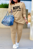 Khaki Fashion Casual Letter Print Basic Oblique Collar Long Sleeve Two Pieces