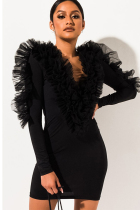 Black adult Sexy Fashion Ruffled Sleeve Long Sleeves V Neck A leaf skirt Mini stringy selvedge r