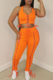Tangerine Red Casual Street Solid Bandage Hollowed Out Patchwork U Neck Sleeveless Two Pieces