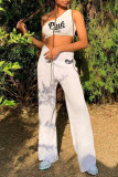 White Fashion Casual Letter Print Vests Pants One Shoulder Sleeveless Two Pieces