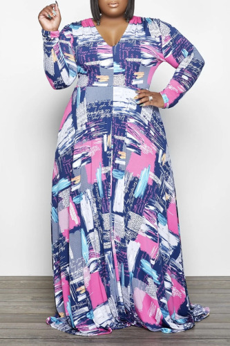 Pink Casual Print Patchwork V Neck A Line Plus Size Dresses