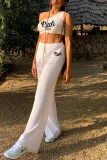 White Fashion Casual Letter Print Vests Pants One Shoulder Sleeveless Two Pieces