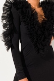 Black adult Sexy Fashion Ruffled Sleeve Long Sleeves V Neck A leaf skirt Mini stringy selvedge r