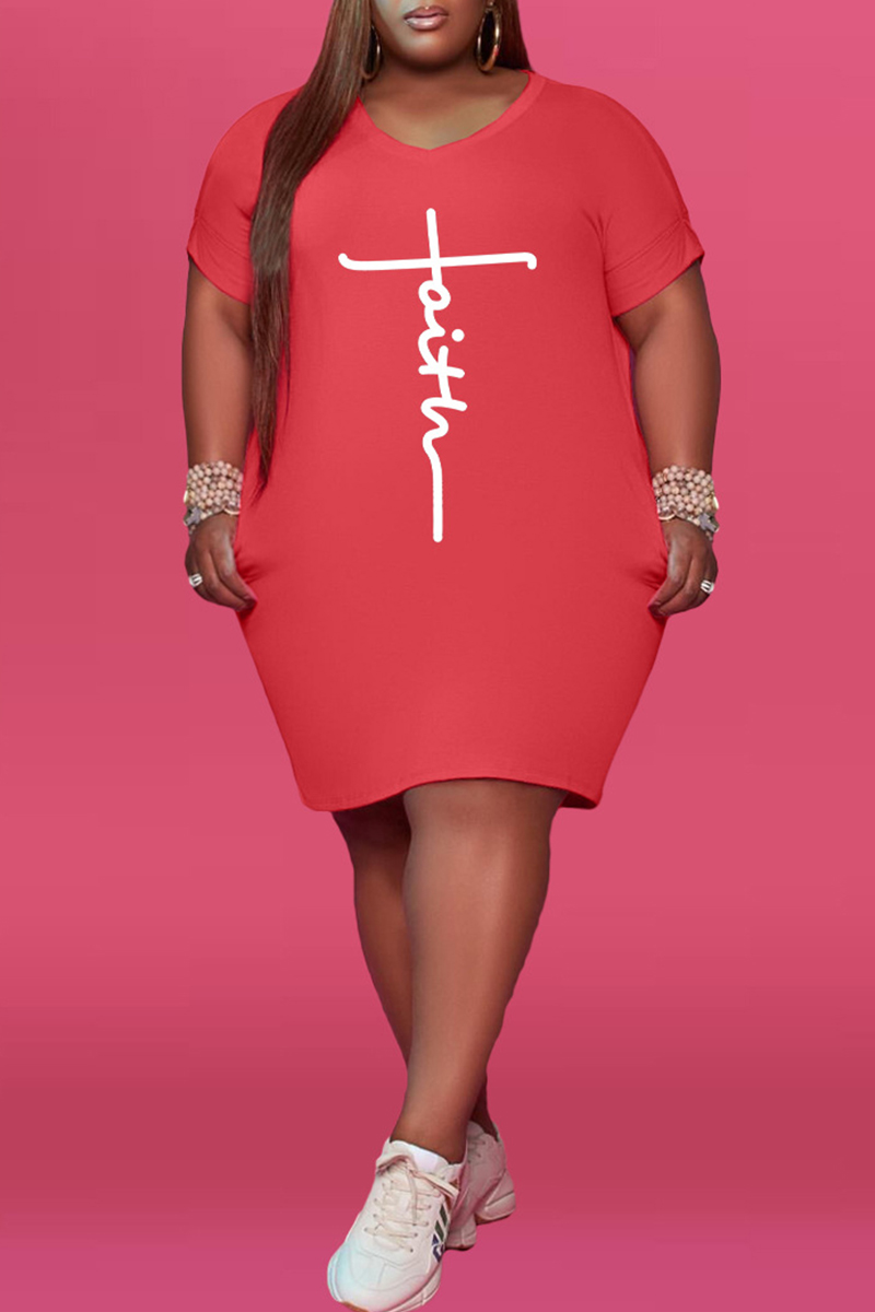 

Red Fashion Casual Print Basic V Neck Short Sleeve Dress