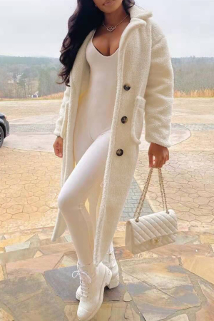 Cream White Fashion Casual Solid Cardigan Turndown Collar Outerwear