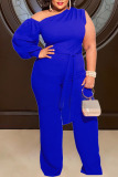Red Sexy Solid Patchwork Oblique Collar Plus Size Jumpsuits