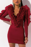 Wine Red adult Sexy Fashion Ruffled Sleeve Long Sleeves V Neck A leaf skirt Mini stringy selvedge r