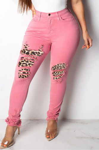 Pink Fashion Sexy Printed Denim Trousers