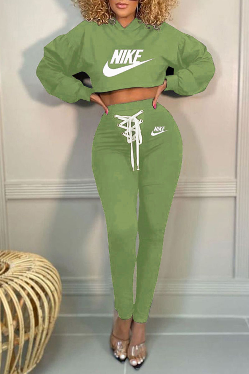 

Green Fashion Casual Print Bandage Hooded Collar Long Sleeve Two Pieces