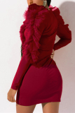 Wine Red adult Sexy Fashion Ruffled Sleeve Long Sleeves V Neck A leaf skirt Mini stringy selvedge r