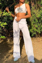 White Sexy Casual Print Vests Pants One Shoulder Sleeveless Two Pieces