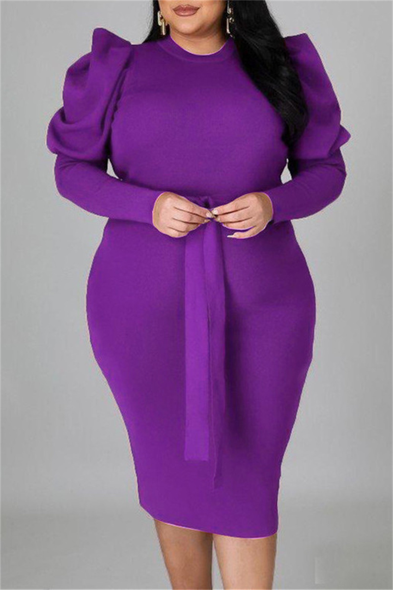 Wholesale Purple Fashion Casual Solid With Belt O Neck Long Sleeve Plus