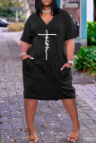 Black Fashion Casual Print Basic V Neck Short Sleeve Dress