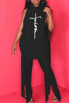 Black Fashion Print Slit Fold Turtleneck Sleeveless Two Pieces