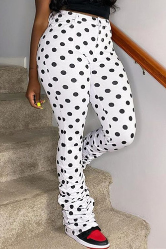 White Fashion Casual Dot Print Fold Regular High Waist Trousers