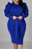 Blue Fashion Casual Solid With Belt O Neck Long Sleeve Plus Size Dresses