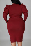 Rose Red Fashion Casual Solid With Belt O Neck Long Sleeve Plus Size Dresses