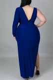 Blue Fashion Casual Solid Hollowed Out Slit V Neck Long Sleeve Plus Size Dresses