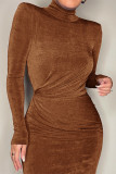 Brown Fashion Solid Basic Turtleneck Long Sleeve Dresses